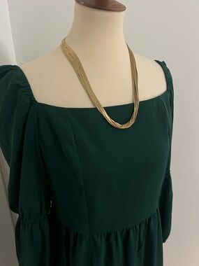 Deep Green Square-Neck Midi Dress with Puff Sleeves